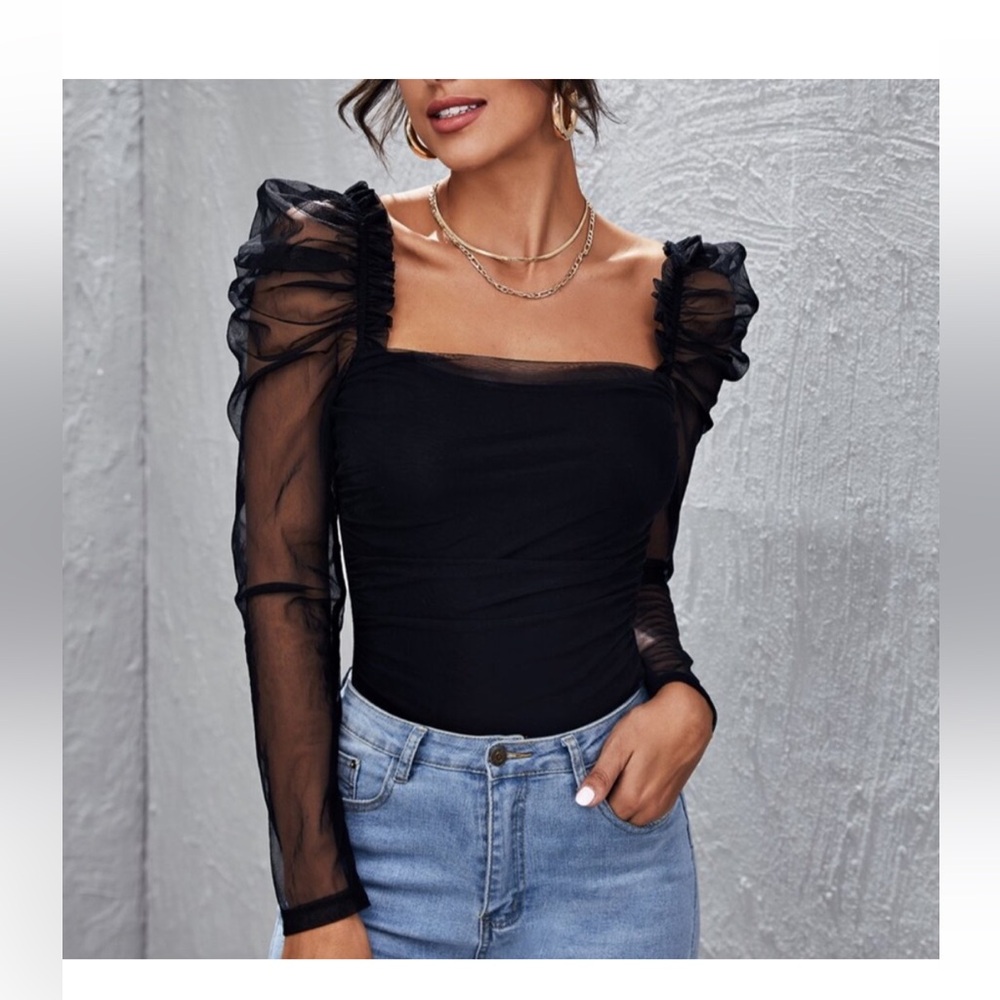 Black sexy chiffon sheer puff ruched sleeves scoop neck going out blouse top S